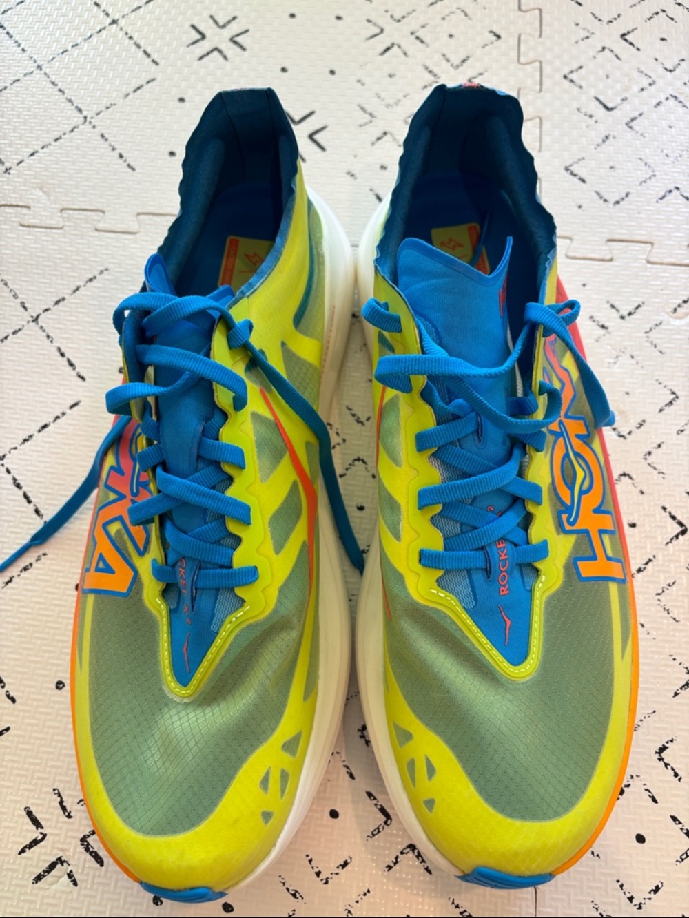 Hoka Neon Yellow & Blue Rocket X2 Running Shoes with Orange Accent - Picture 3 of 4